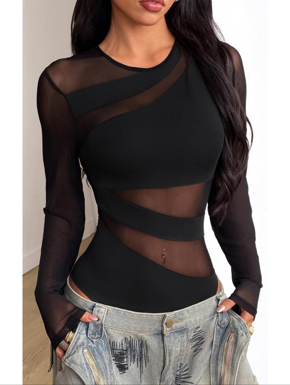 Milumia Long Sleeve Mesh Bodysuit Black Size L